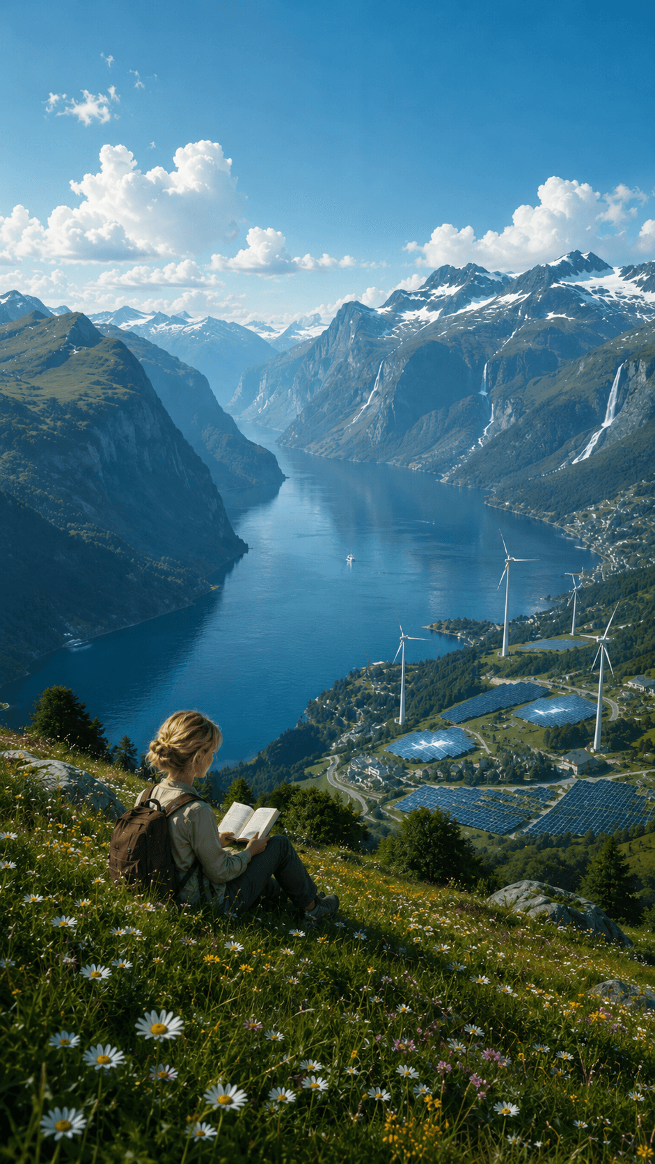 A person overlooking a green, solar-powered valley beneath wind turbines