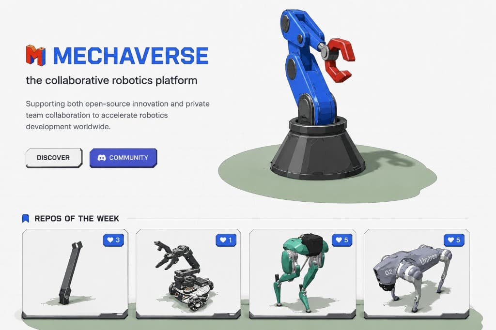 Mechaverse robotics platform landing page with robot arm and featured repositories